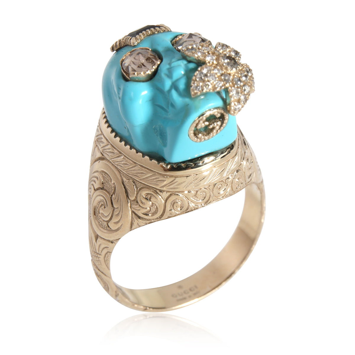 Gucci Turquoise Skull Ring with Rose Cut Diamond Eyes in 18K Yellow Gold