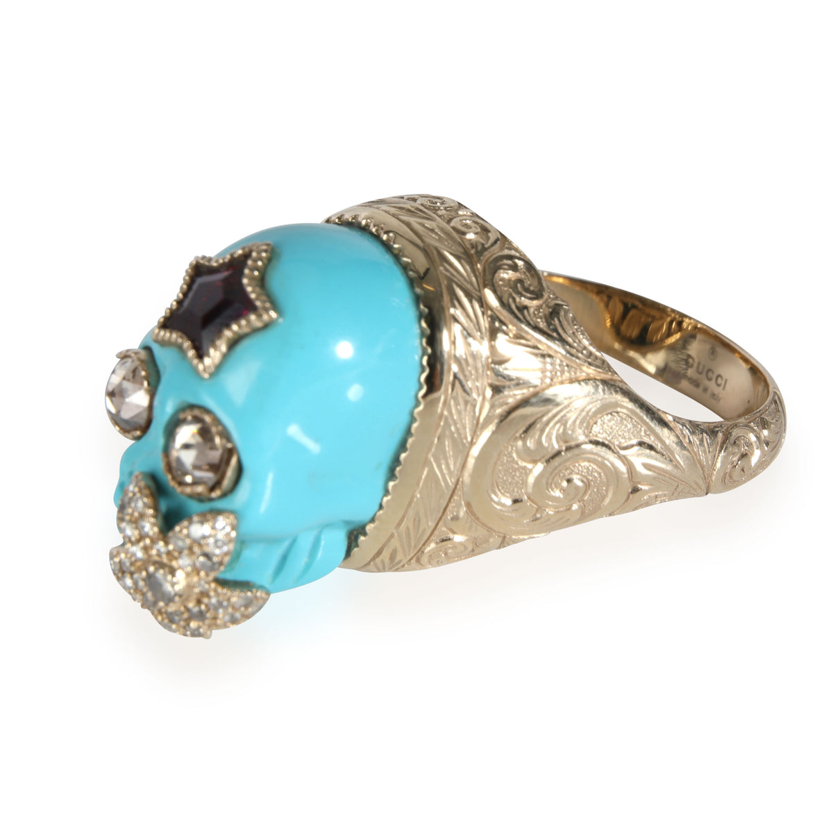 Gucci Turquoise Skull Ring with Rose Cut Diamond Eyes in 18K Yellow Gold
