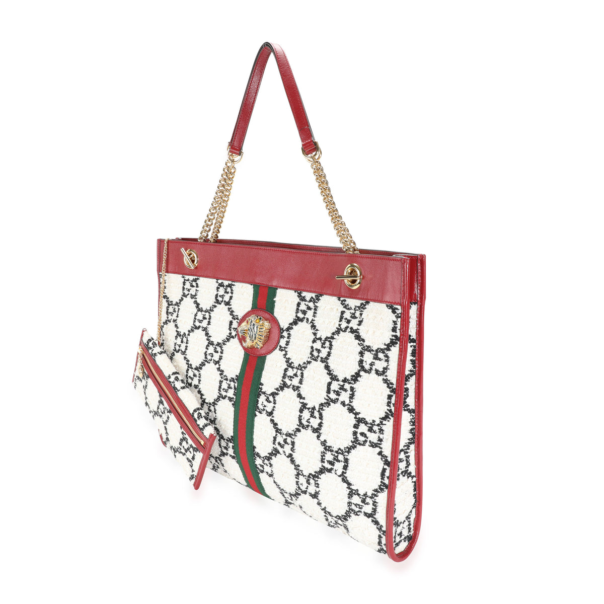 Gucci GG White Tweed & Romantic Cherry Leather Large Rajah Chain Tote