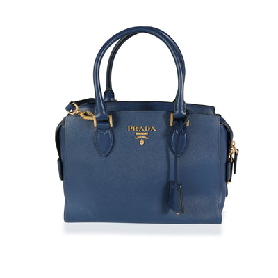 Prada Bluette Saffiano & Soft Calf Leather Small Borsa A Mano Tote