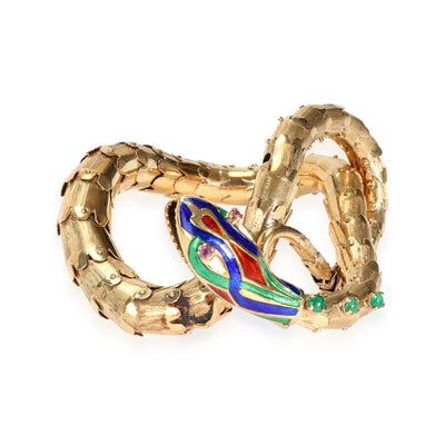 Vintage Articulated Enamel & Gemstone Snake Bracelet in 14K Yellow Gold