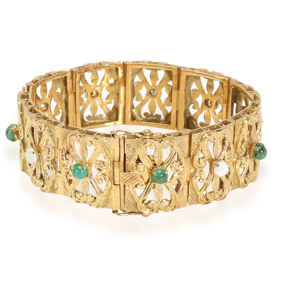 Estate Panel Bracelet with Emerald & Opal Cabochon Centers 18K Yellow Gold