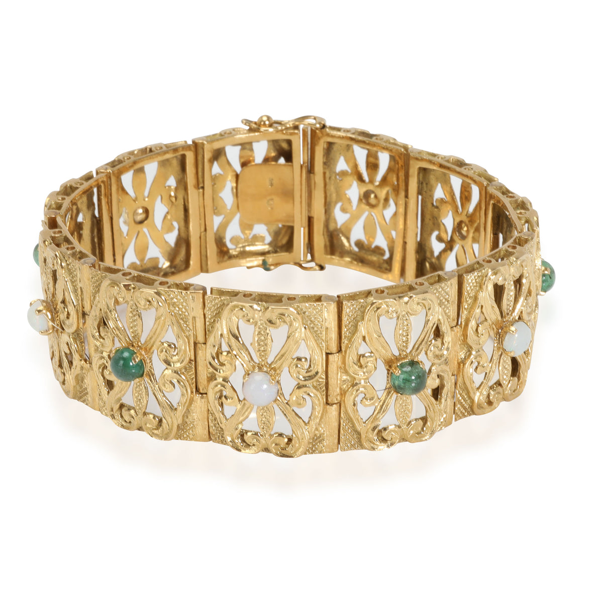 Estate Panel Bracelet with Emerald & Opal Cabochon Centers 18K Yellow Gold