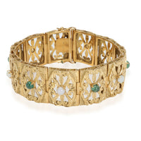 Estate Panel Bracelet with Emerald & Opal Cabochon Centers 18K Yellow Gold