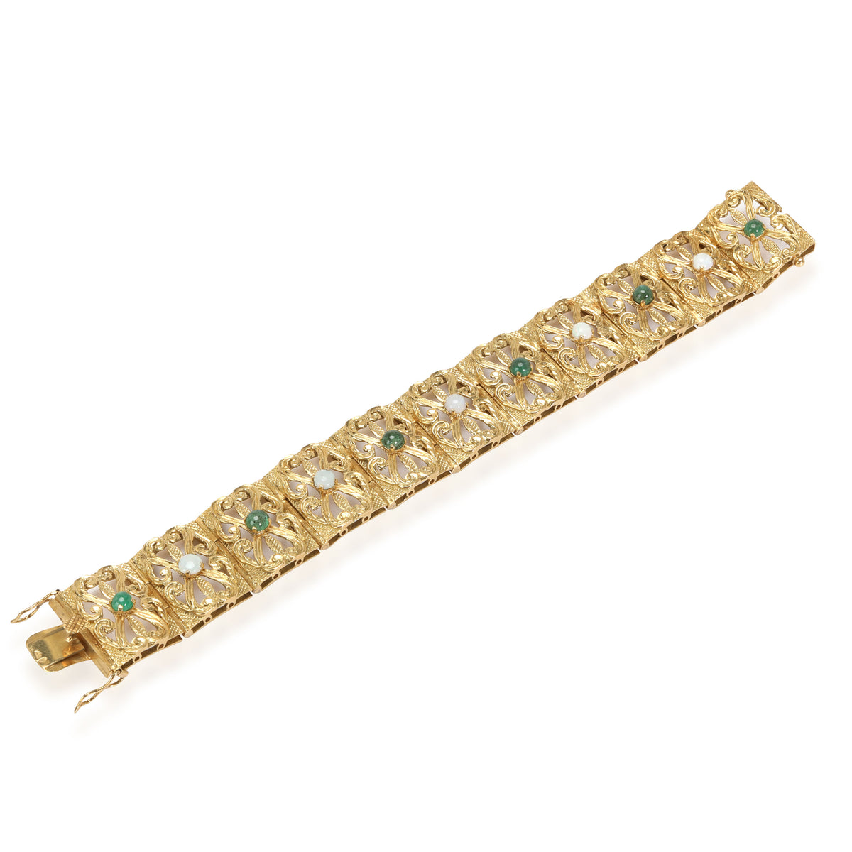 Estate Panel Bracelet with Emerald & Opal Cabochon Centers 18K Yellow Gold