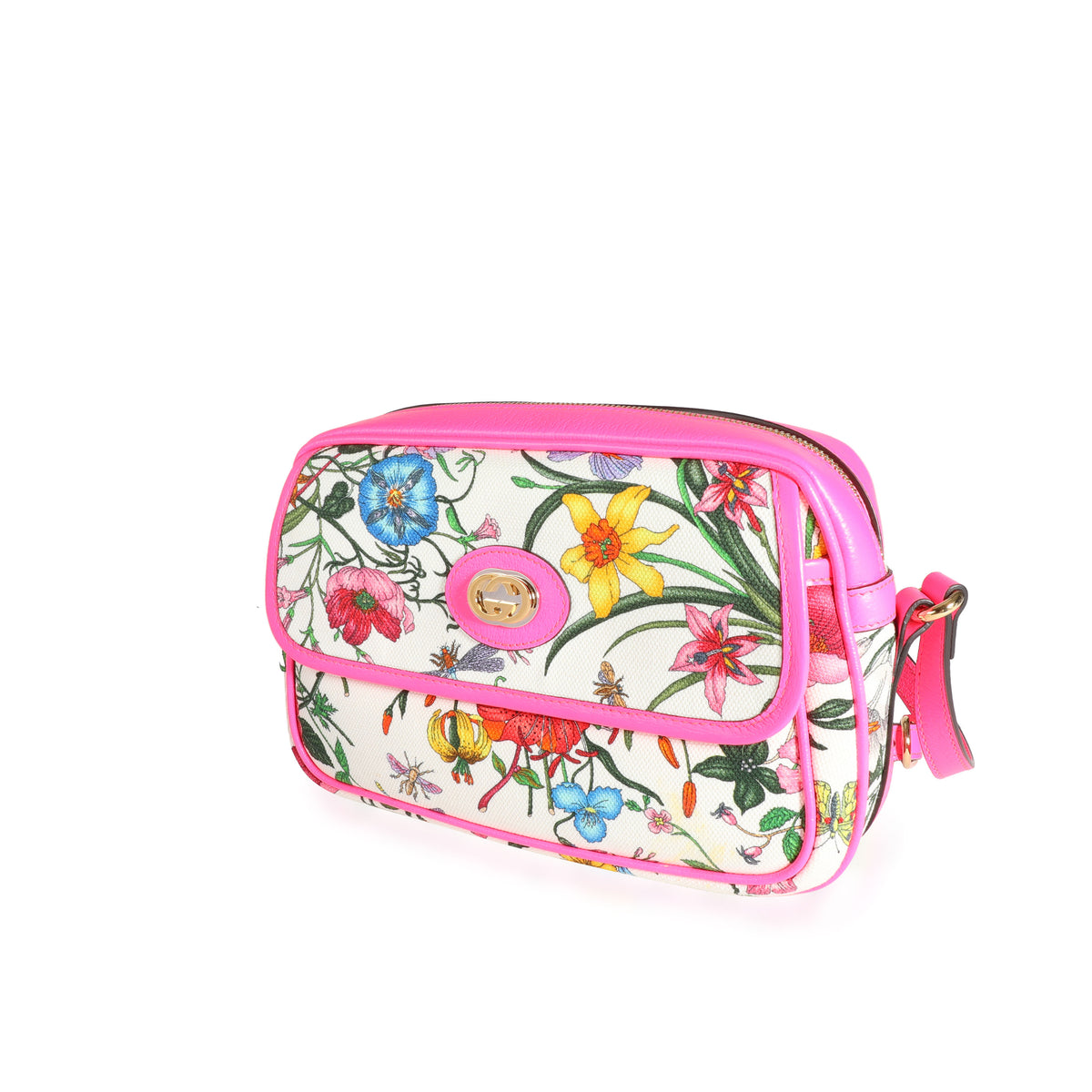 Gucci Flora Canvas & Neon Pink Leather Small Shoulder Bag