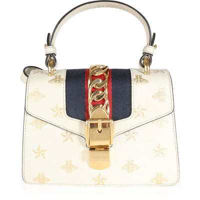 Gucci White Calfskin Mini Sylvie Bee Star Top Handle Bag