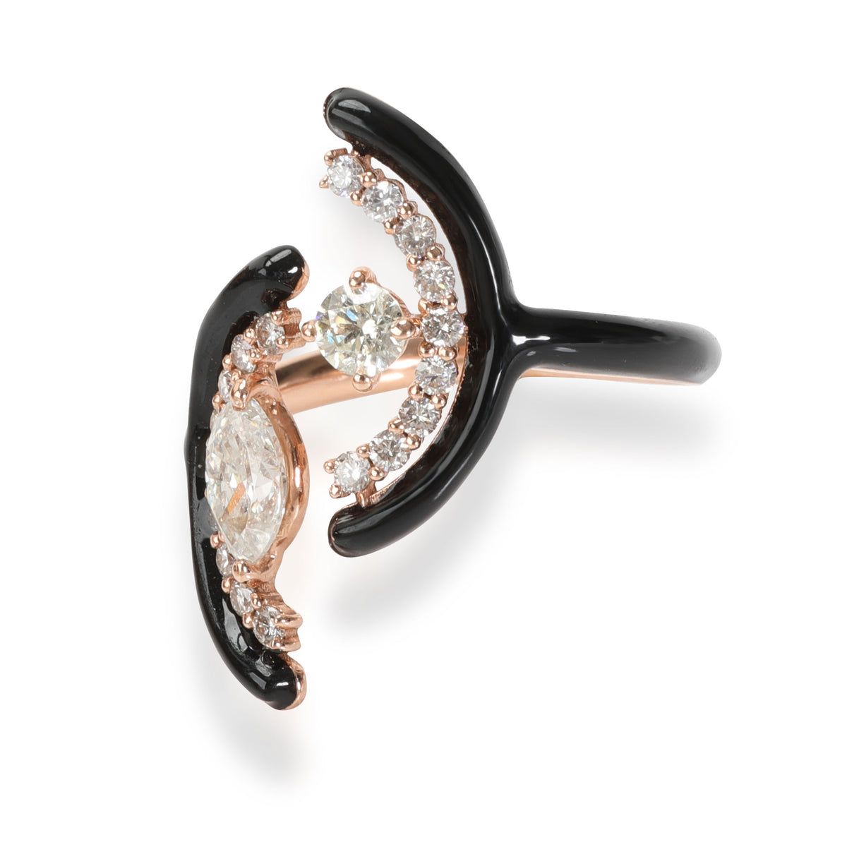 Marquise & Round Diamond Black Enamel Ring in 14K Rose Gold 0.94 Ctw