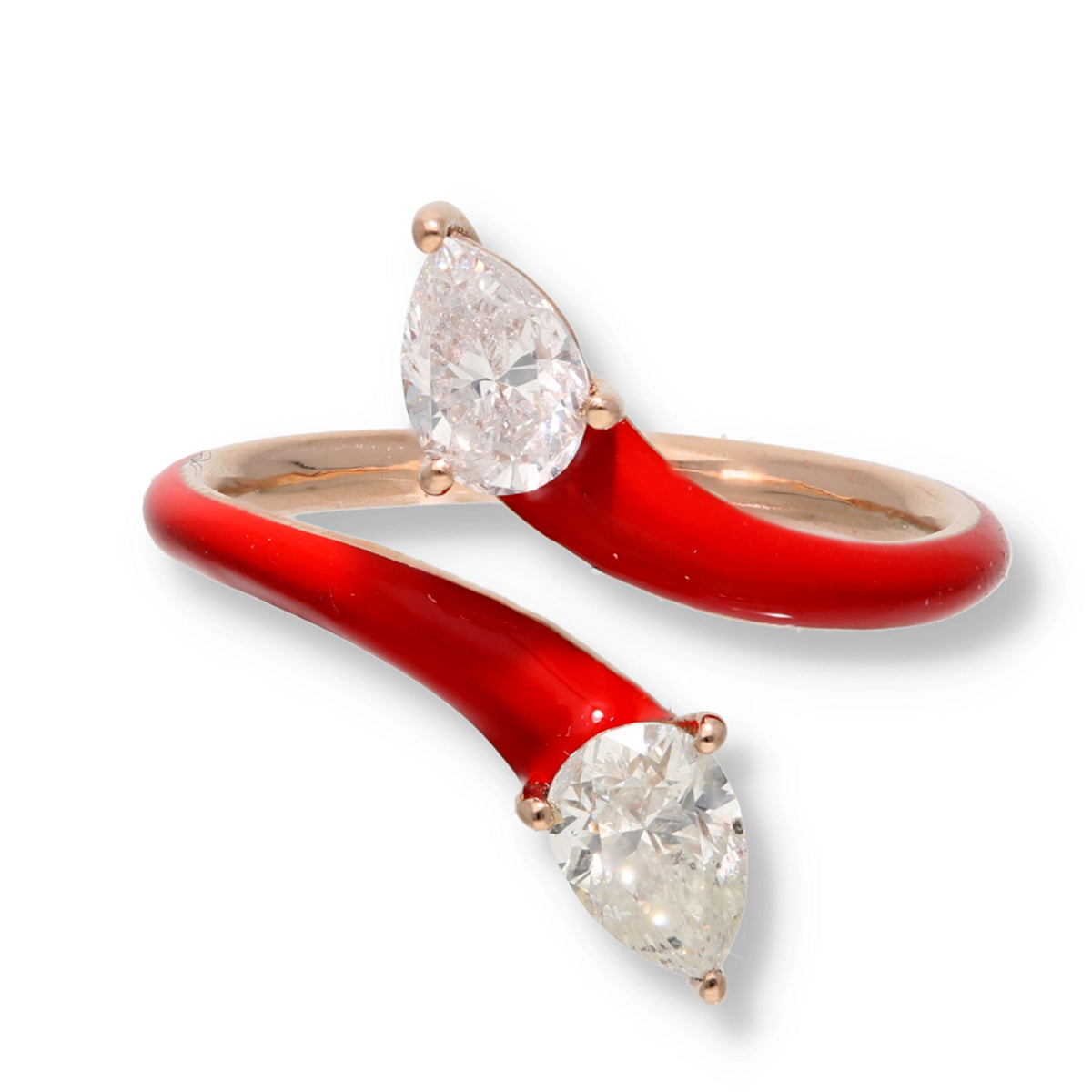 Pear Shape Diamonds Crossover Red Enamel Ring 14K Rose Gold 1.01 CTW