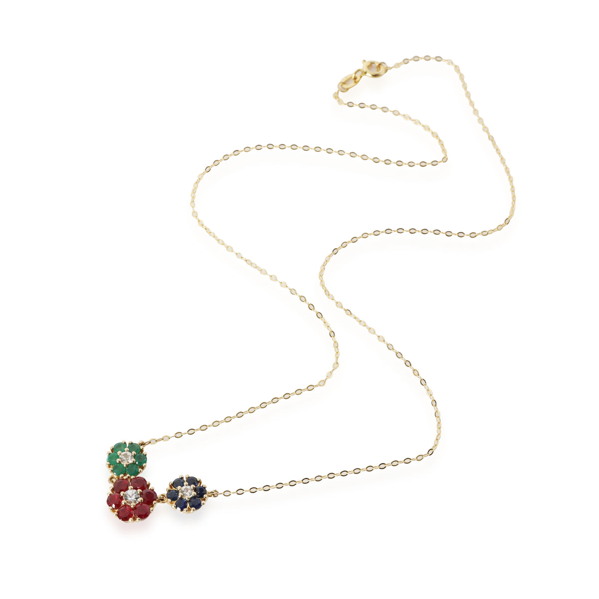 Ruby Sapphire and Emerald Flower Pendant in 14K Yellow Gold