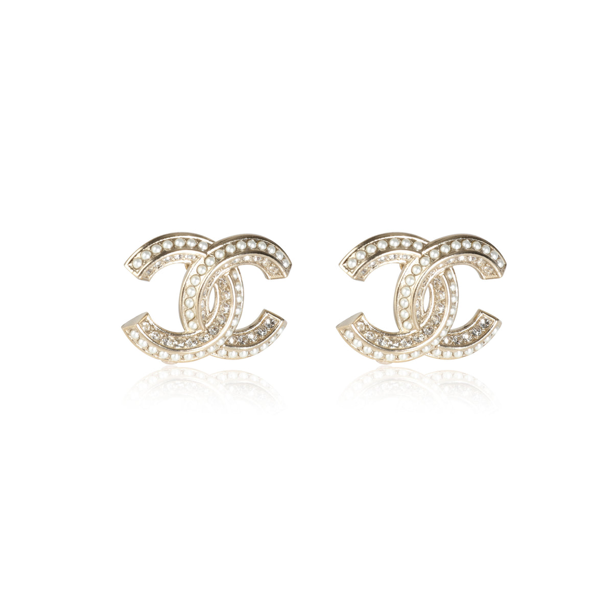Chanel Costume Golden Crystal & Pearly White Double C Studs