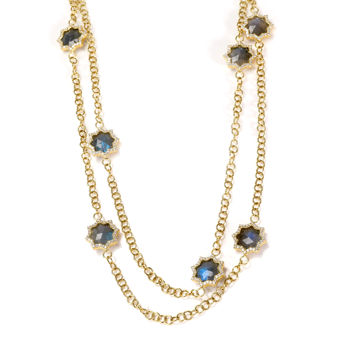 Labradorite & Diamond Station Chain Necklace in 18K Yellow Gold (1.85 ctw)