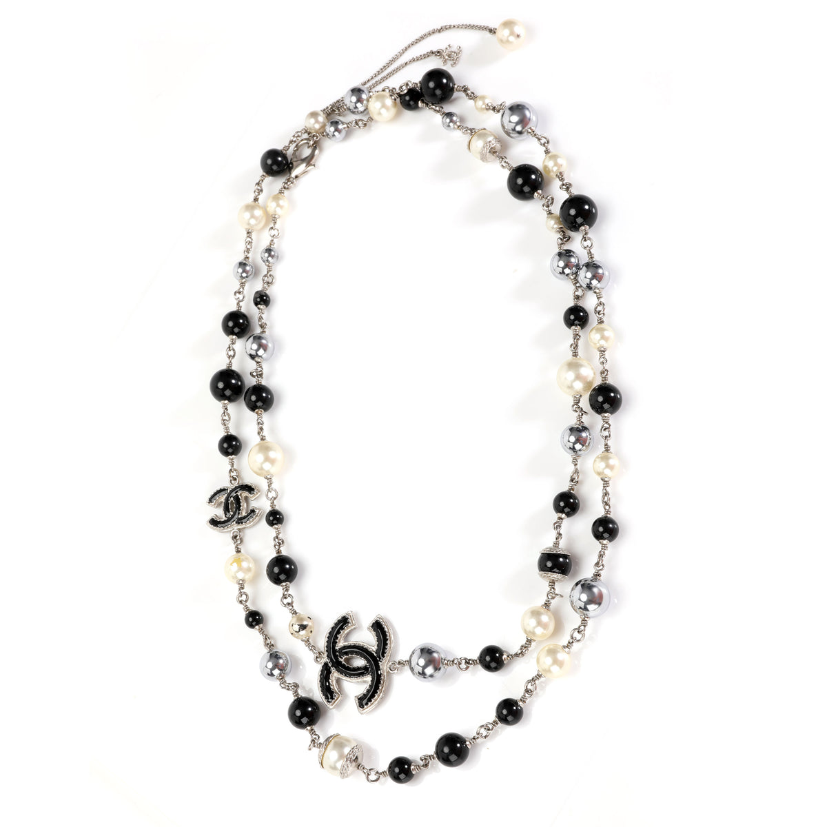 Chanel White/Black Beaded and CC Logo Long Necklace - Jewelry - CHN130516B