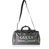 Gucci Black Grained Calfskin Logo Print Duffle Bag