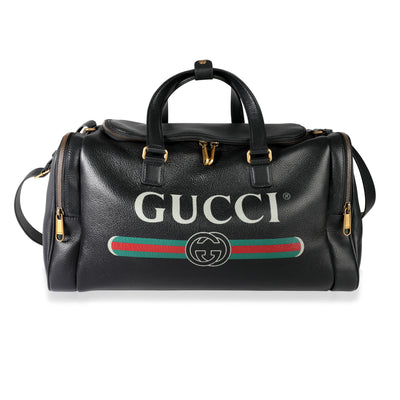 Gucci Black Grained Calfskin Logo Print Duffle Bag