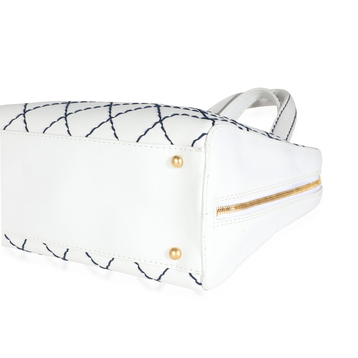 Chanel Vintage White Calfskin & Navy Surpique Stitch Bowler Bag