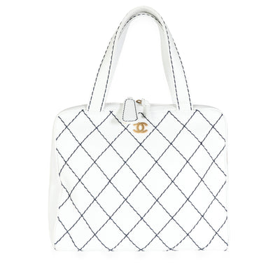 Chanel Vintage White Calfskin & Navy Surpique Stitch Bowler Bag