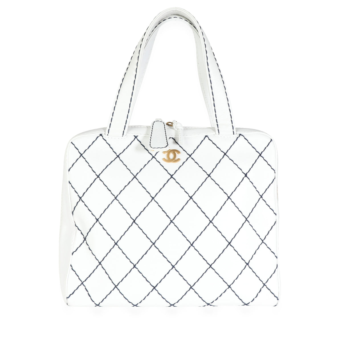 Chanel Vintage White Calfskin & Navy Surpique Stitch Bowler Bag, myGemma