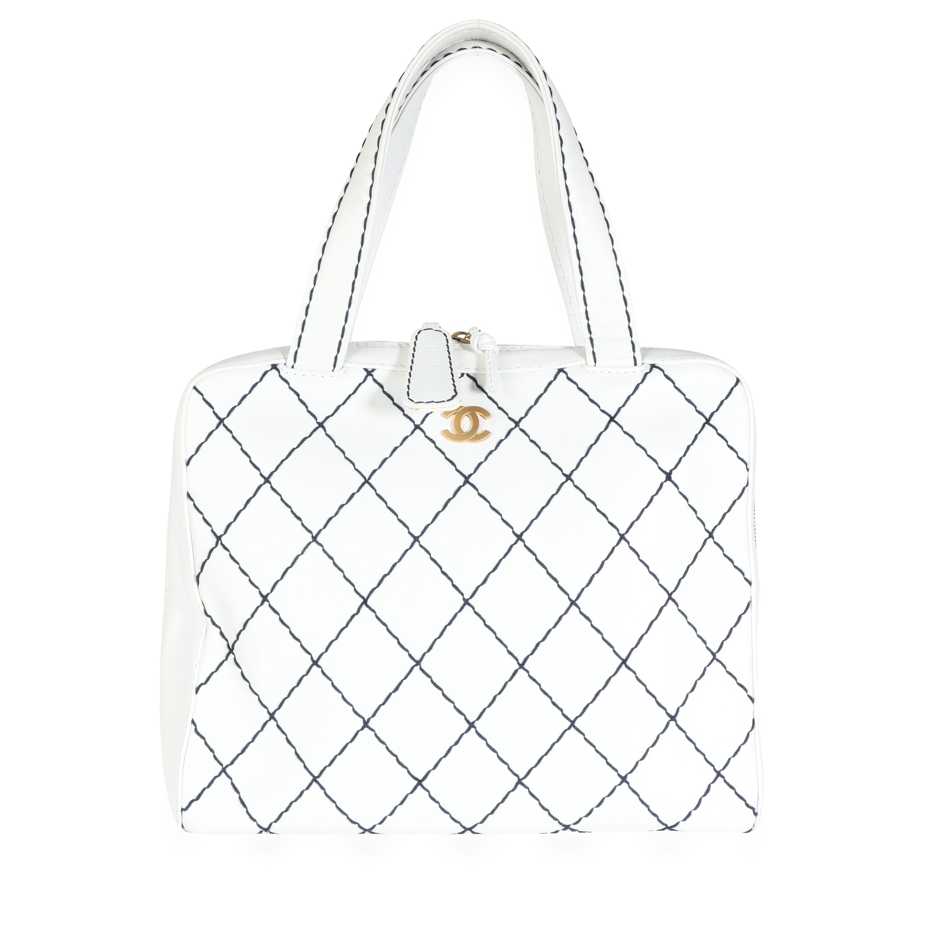 Chanel Vintage White Calfskin & Navy Surpique Stitch Bowler Bag, myGemma, DE