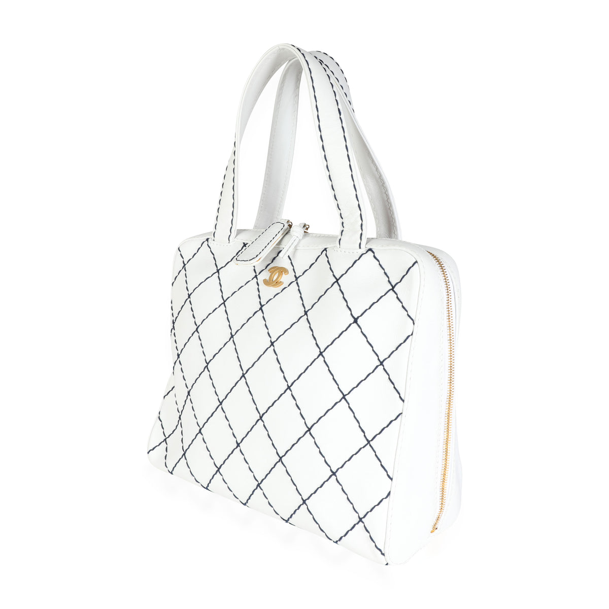 Chanel Vintage White Calfskin & Navy Surpique Stitch Bowler Bag, myGemma, QA