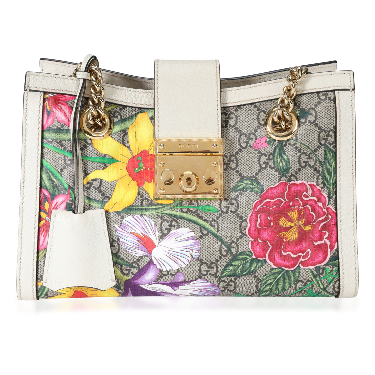 Gucci Flora GG Supreme White Leather Small Padlock Shoulder Bag