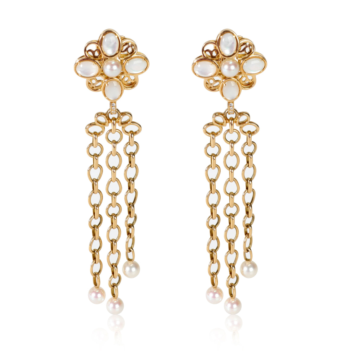 Vintage Chanel Moonstone, Diamond & Pearl Drop Earrings in 18K Yellow Gold