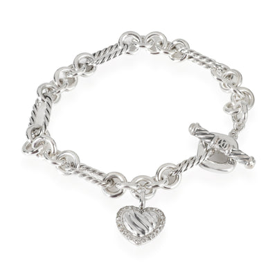 David Yurman Figaro Heart Charm Diamond Bracelet in  Sterling Silver 0.11 CTW