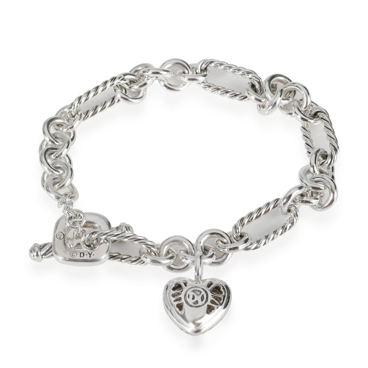 David Yurman Figaro Heart Charm Diamond Bracelet in  Sterling Silver 0.11 CTW