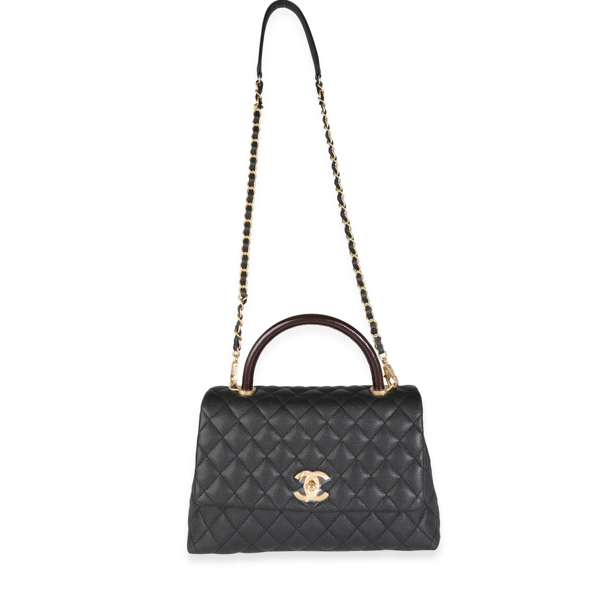 Chanel Black Quilted Caviar & Brown Lizard Embossed Medium Coco