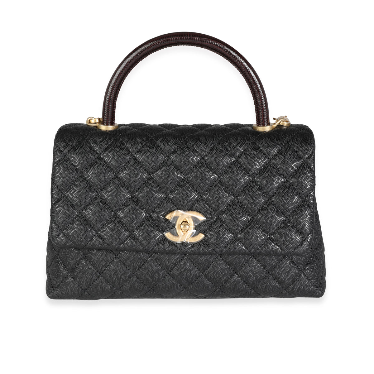 Chanel Black Quilted Caviar & Brown Lizard Embossed Medium Coco
