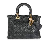 Christian Dior Black Cannage Quilted Grained Calfskin Large Lady Dior Bag