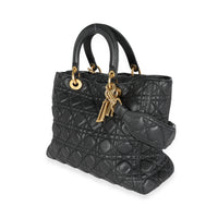 Christian Dior Black Cannage Quilted Grained Calfskin Large Lady Dior Bag