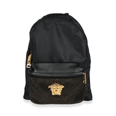 Versace Black Nylon & Black Goatskin Gold Studded Palazzo Medusa Backpack