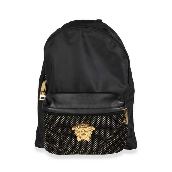 Versace Black Nylon & Black Goatskin Gold Studded Palazzo Medusa Backpack | myGemma