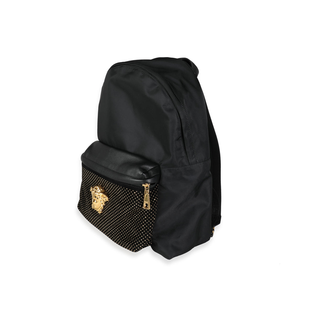 black versace mini backpack Versace Black Nylon & Black Goatskin Gold Studded Palazzo Medusa Backpack | myGemma