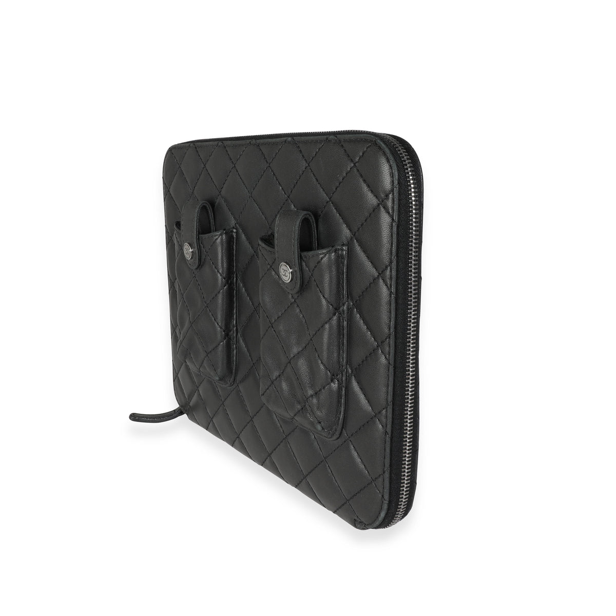 Chanel Black Quilted Lambskin Double Pocket Zip Around iPad Case