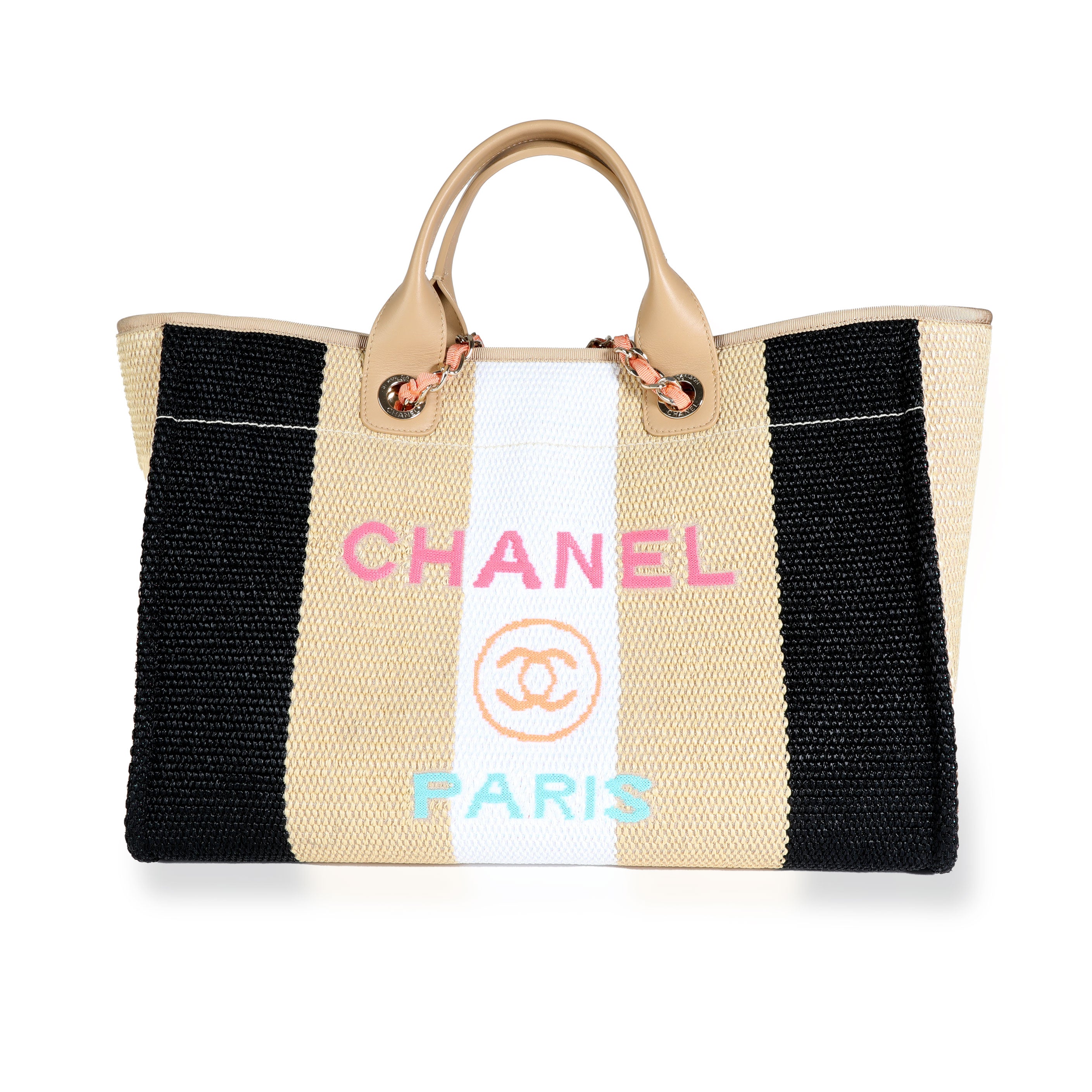 Chanel Black/Beige/Ivory Striped Straw Raffia Large Deauville Shopping Tote  Bag - Yoogi's Closet