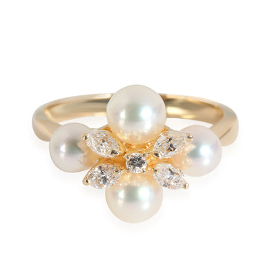 Mikimoto Pearl Diamond Cluster Ring in 18k Yellow Gold 0.30 CTW