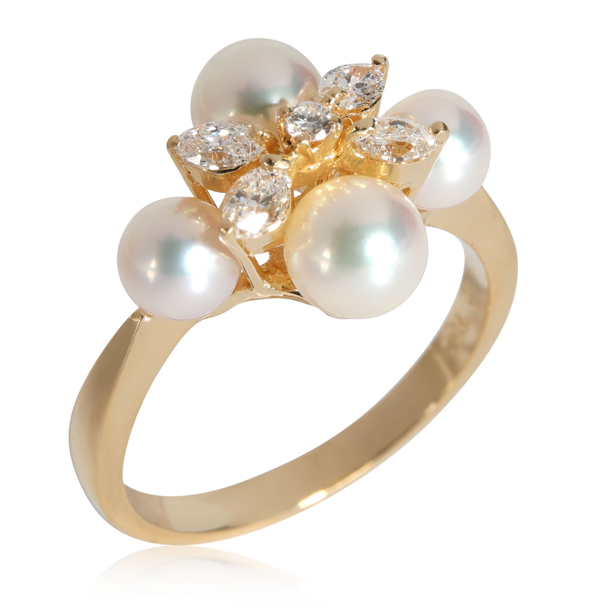 Mikimoto Pearl Diamond Cluster Ring in 18k Yellow Gold 0.30 CTW