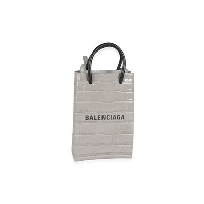 Balenciaga Steel Grey Crocodile Embossed Calfskin Shopping Phone Holder Tote