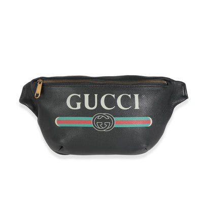 Gucci Black Grained Calfskin Logo Print Web Belt Bag