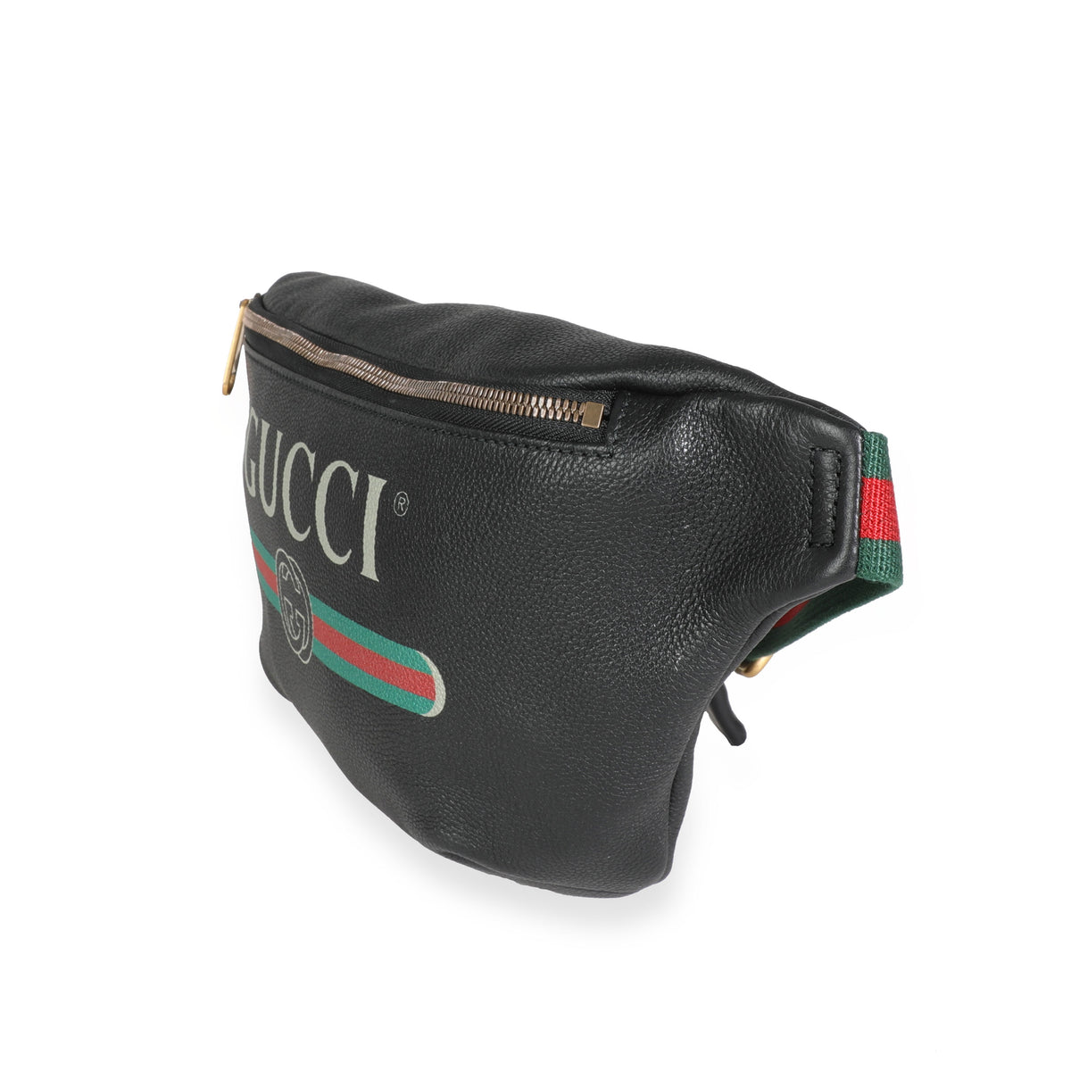 Gucci Black Grained Calfskin Logo Print Web Belt Bag