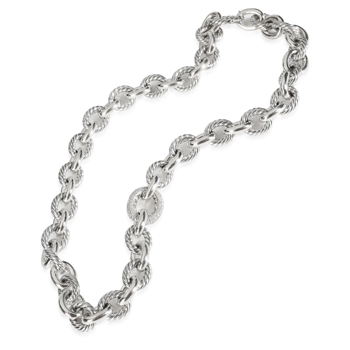 David Yurman Large Oval Link Diamond Necklace in  Sterling Silver 0.80 CTW