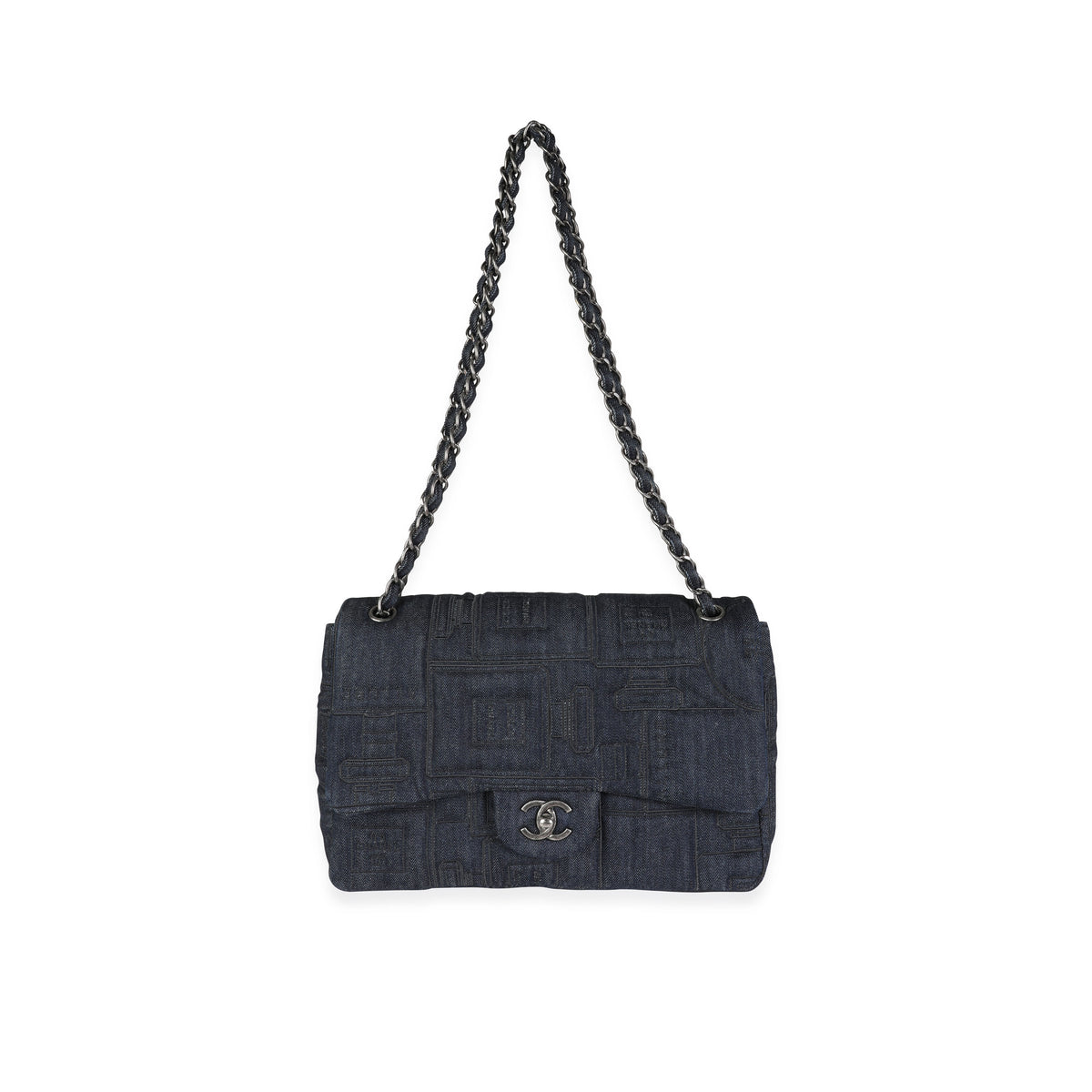 Chanel Blue Denim & Black Embroidery Jumbo Perfume Bottle Flap Bag