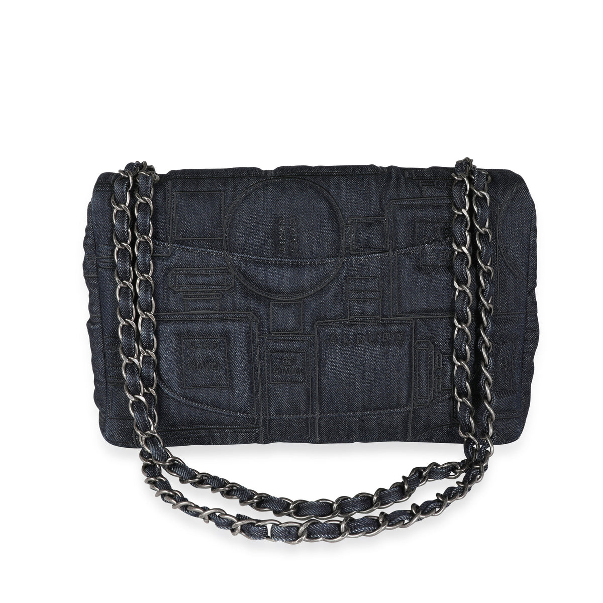 Chanel Blue Denim & Black Embroidery Jumbo Perfume Bottle Flap Bag