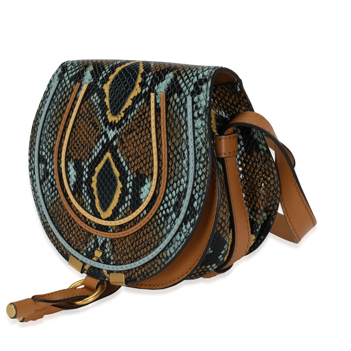 Chloe Brown and Teal Python-Embossed Calfskin Small Marcie Saddle