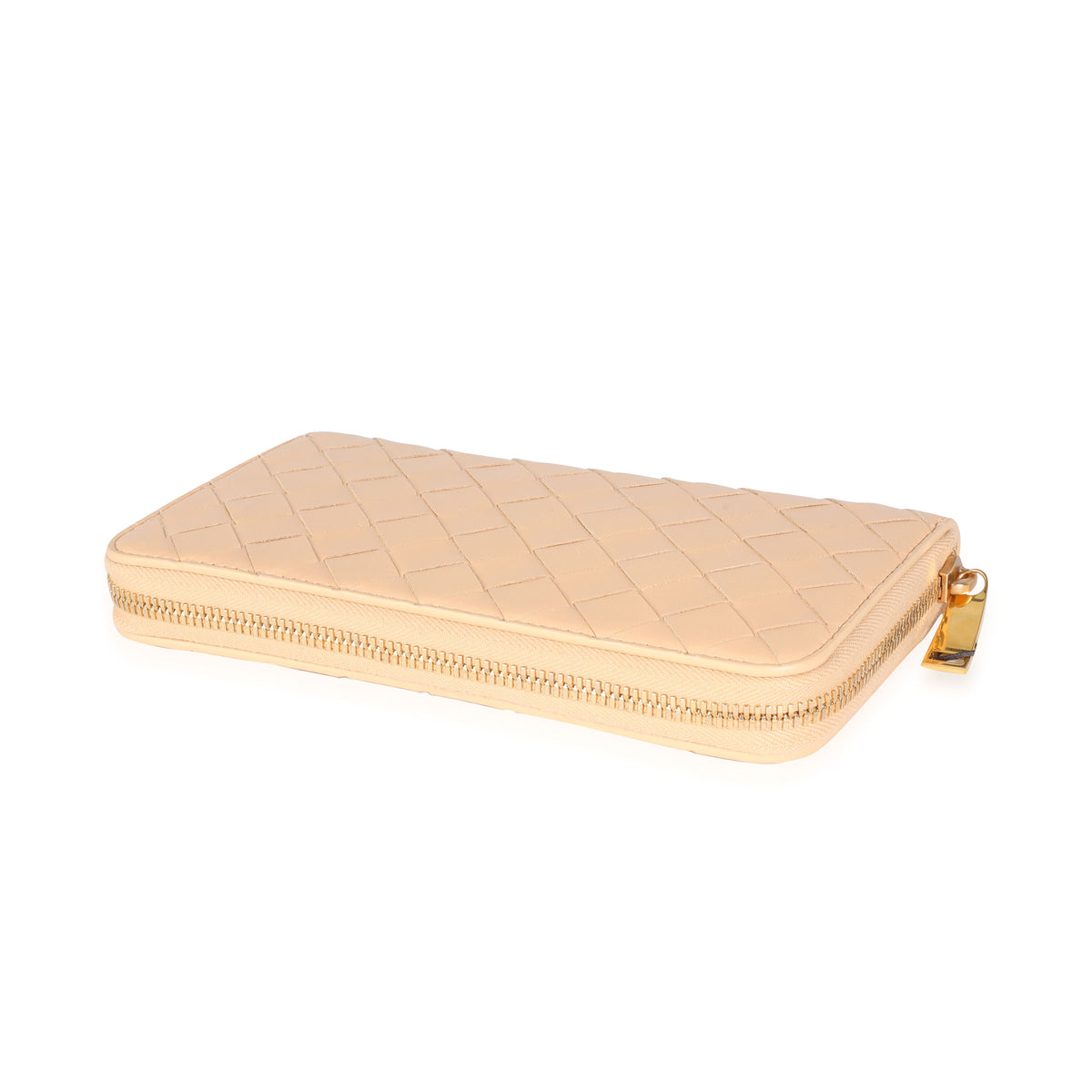 Bottega Veneta Almond Intrecciato Woven Lambskin Zip Around Wallet