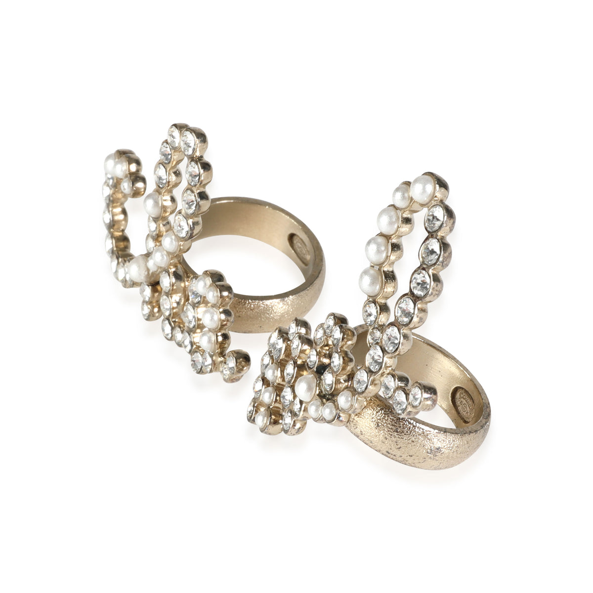 2019 Chanel Faux Pearl & Strass Cursive Logo Ring Set