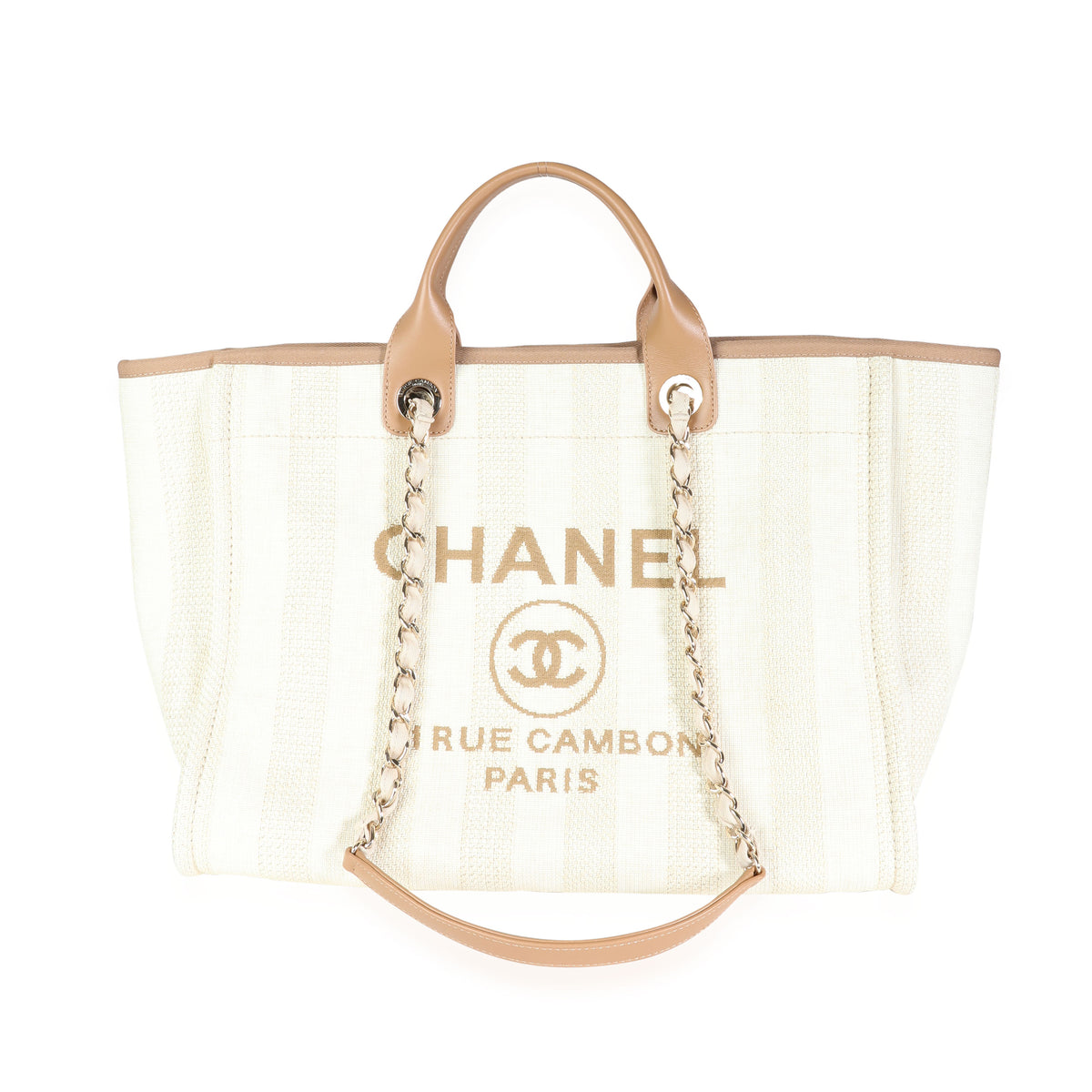 Chanel Cream Raffia Stripe & Tan Leather Large Deauville Tote