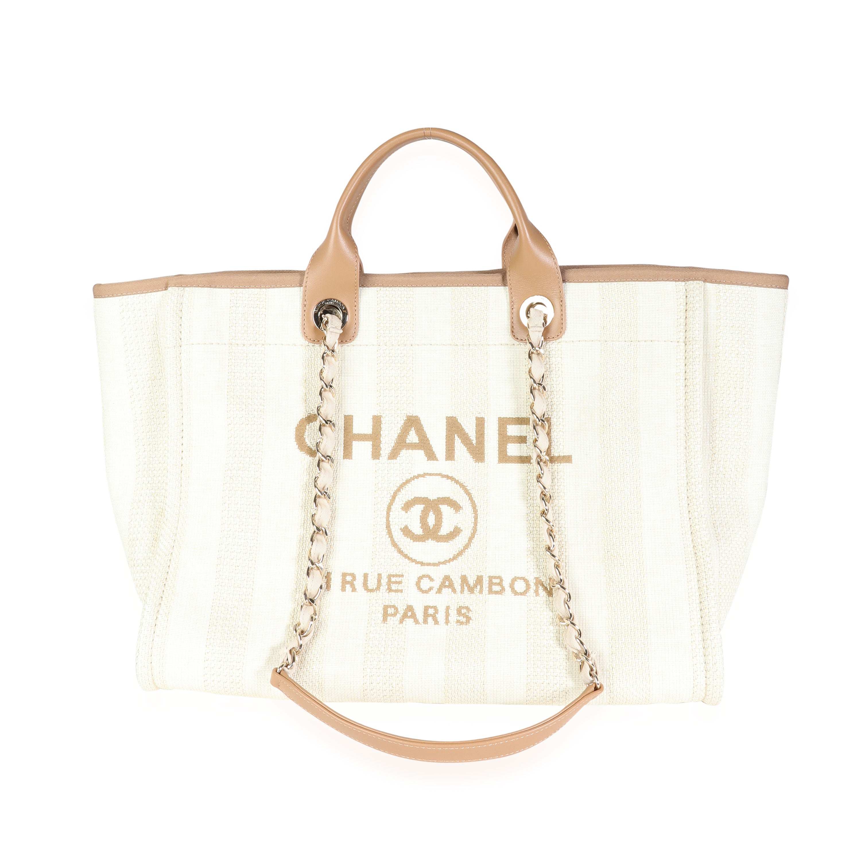 Chanel Cream Raffia Stripe & Tan Leather Large Deauville Tote, myGemma